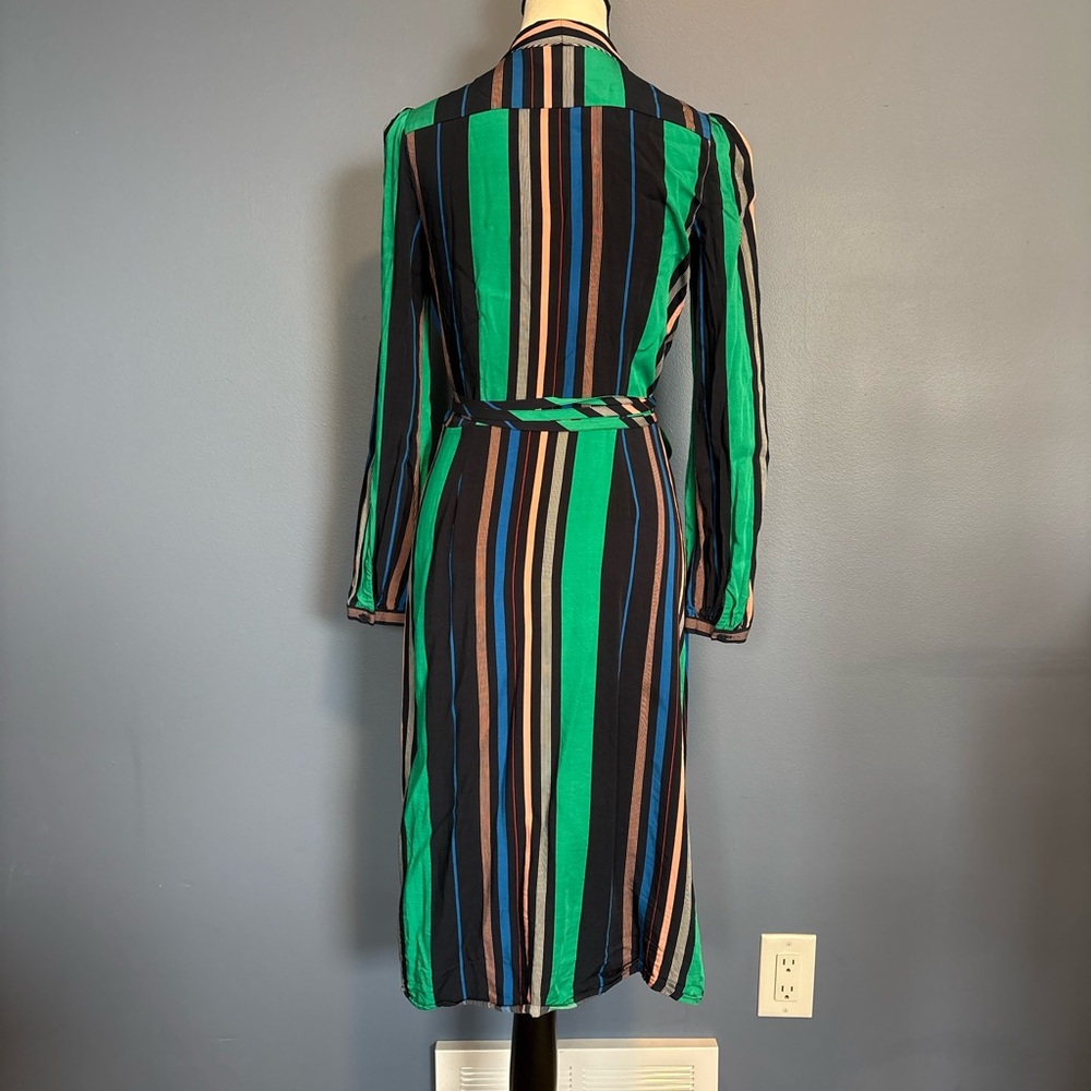 Navy Pinstriped Wrap Midi Dress w/ Belt | Deep V | Long Sleeve | XS - Picture 5 of 10